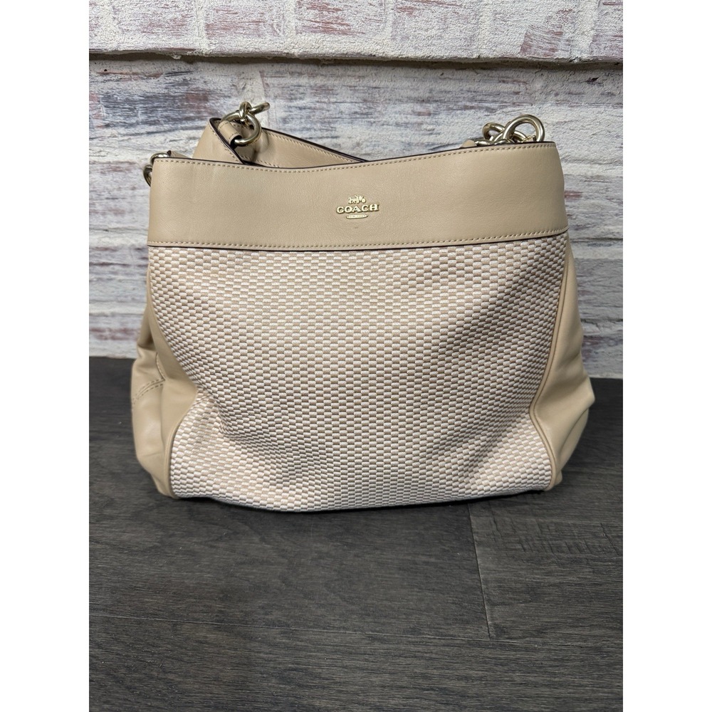Coach Lexy Woven Jacquard Triple Compartment Beige Shoulder Bag w/Zip Closure